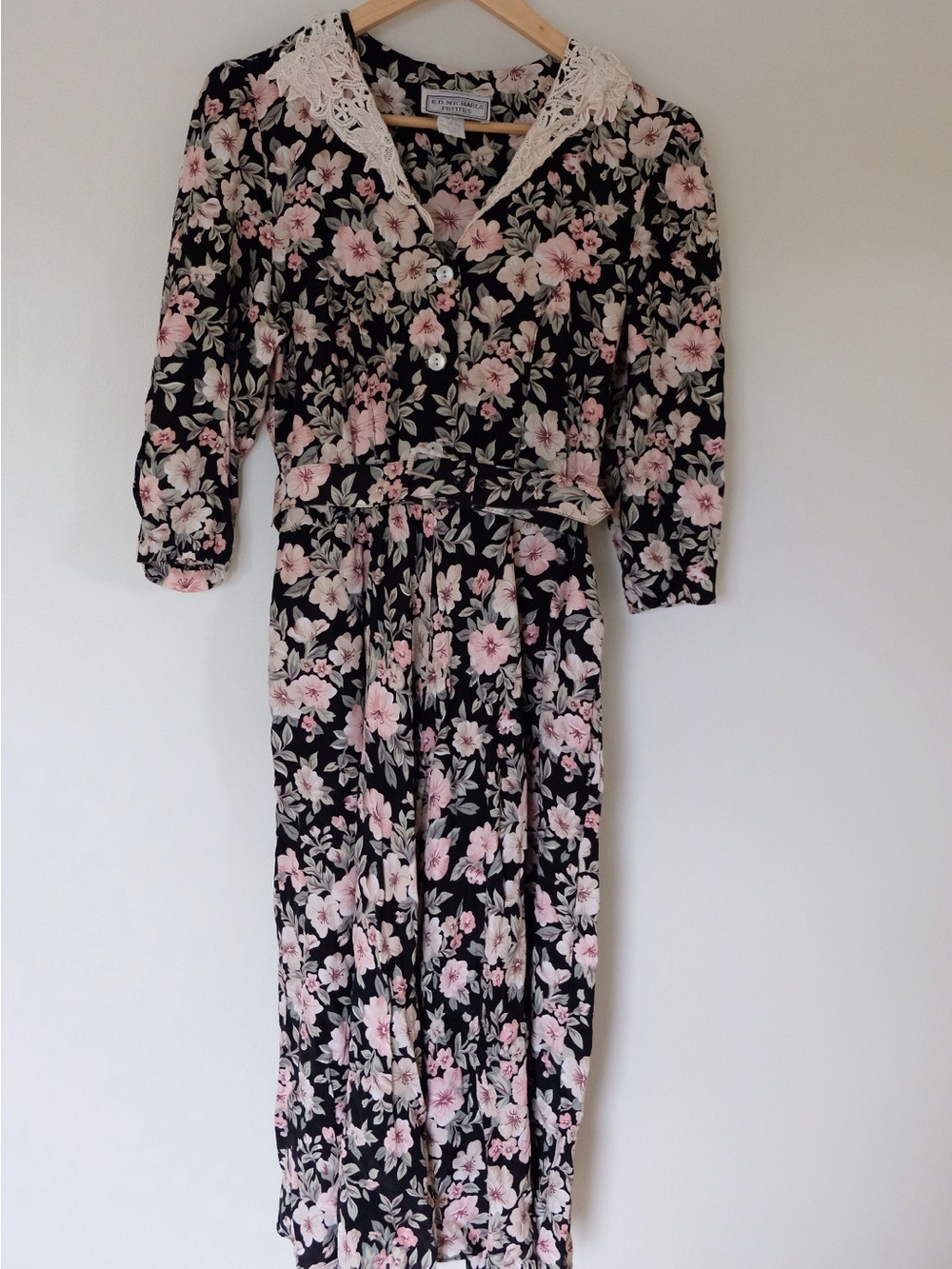 Vintage E.D. Michaels Petites Floral Midi Cottagecore Crochet Collar Dress 7/8